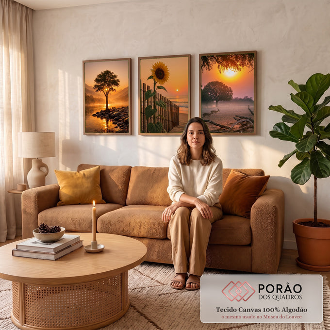 Quadro Decorativo Kit 3 Telas Pôr do Sol Paisagem para Sala | quadros decorativos para sala de estar | tríptico com árvore à beira do rio, girassol à praia e savana ao pôr do sol | em ambiente 3 | Porao dos Quadros