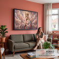 Quadro Decorativo Grande Nossa Senhora Véu para Sala Rosa | quadros decorativos para sala de estar | Nossa Senhora com coroa dourada e mãos em prece sobre fundo rosa abstrato | em ambiente 3 | Porao dos Quadros