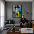 Quadro Decorativo Grande Rosto Cubista Olho Verde para Sala | quadros decorativos para sala de estar | rosto cubista com olho verde gigante, nariz azul e cartola de bolinhas | em ambiente 3 | Porao dos Quadros