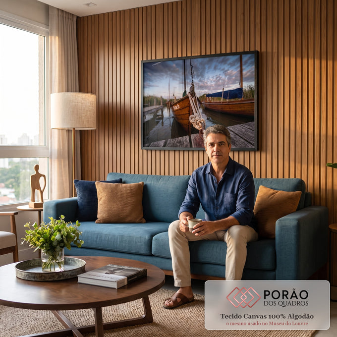 Quadro Decorativo Grande Barco de Madeira Cais para Sala | quadros decorativos para sala de estar | barco de madeira ancorado num cais com corda náutica em primeiro plano ao entardecer | em ambiente 3 | Porao dos Quadros