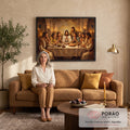 Quadro Decorativo Grande Última Ceia Apóstolos para Sala | quadros decorativos para sala de estar | última ceia com Jesus e nove apóstolos orando à mesa iluminada por velas | em ambiente 3 | Porao dos Quadros