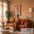 Quadro Decorativo Grande Árvore da Vida Dourado para Sala | quadros decorativos para sala de estar | árvore da vida em relevo dourado com galhos entrelaçados sobre fundo terracota | em ambiente 3 | Porao dos Quadros