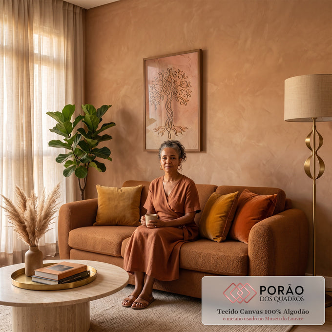 Quadro Decorativo Grande Árvore da Vida Dourado para Sala | quadros decorativos para sala de estar | árvore da vida em relevo dourado com galhos entrelaçados sobre fundo terracota | em ambiente 3 | Porao dos Quadros
