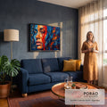 Rosto de mulher em óleo com espátula, azul e laranja, mecha vermelha e respingos dourados, quadro decorativo