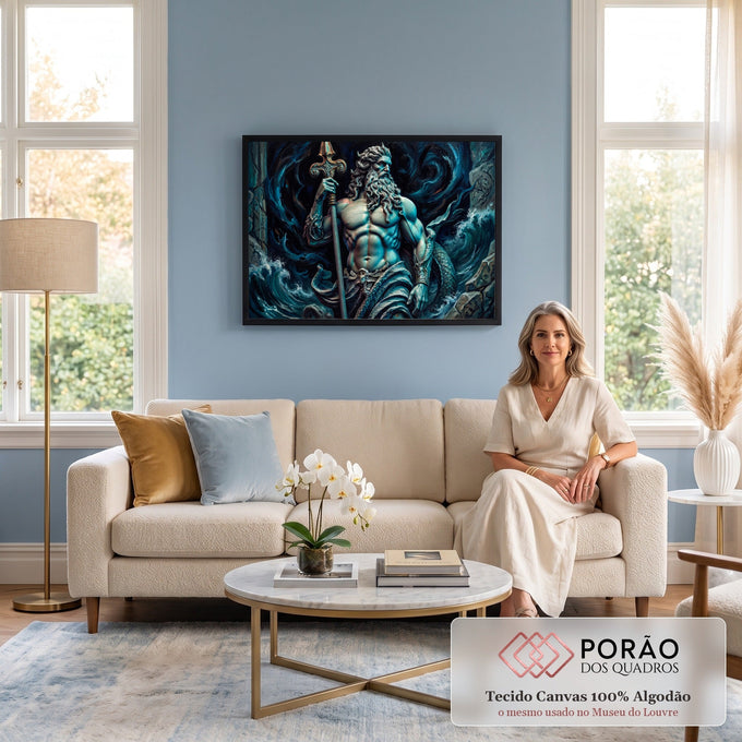 Quadro Decorativo Grande Deus do Mar para Sala Azul | quadros decorativos para sala de estar | deus do mar com pele azulada, barba longa e tridente dourado em ondas escuras | em ambiente 3 | Porao dos Quadros