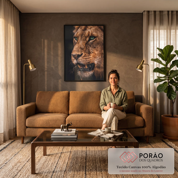 Close de leoa com olhos verdes e capim na boca em fundo preto, pelagem marrom dourada, quadro decorativo
