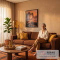 Quadro Decorativo Grande Nascer do Sol para Sala Laranja | quadros decorativos | lago enevoado ao amanhecer com pinheiros em silhueta e barco de madeira ancorado | em ambiente 2 | Porao dos Quadros