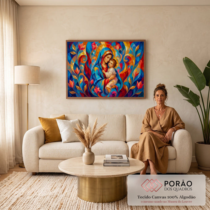 Nossa Senhora abraçando o Menino Jesus, com auréola dourada e flores estilizadas em azul e vermelho, quadro decorativo