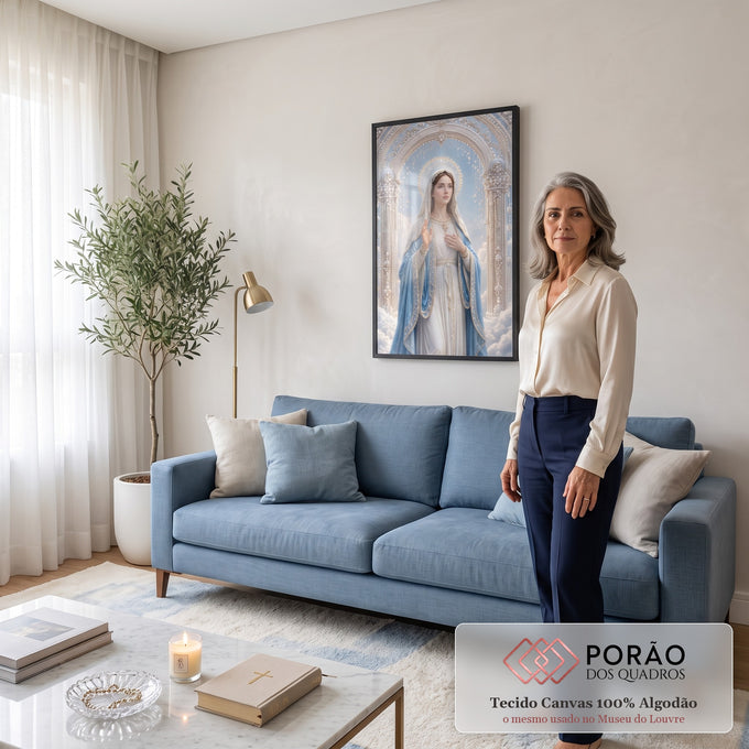 Quadro Decorativo Grande Nossa Senhora de Manto para Sala | quadros decorativos para sala de estar | Nossa Senhora com manto azul e véu branco entre arco de pérolas e nuvens | em ambiente 3 | Porao dos Quadros