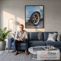 Roda clássica de Porsche azul claro com pneu Michelin em close fotográfico, quadro decorativo