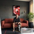 Xícara de café espresso sobre capô vermelho brilhante de carro esportivo italiano, quadro decorativo