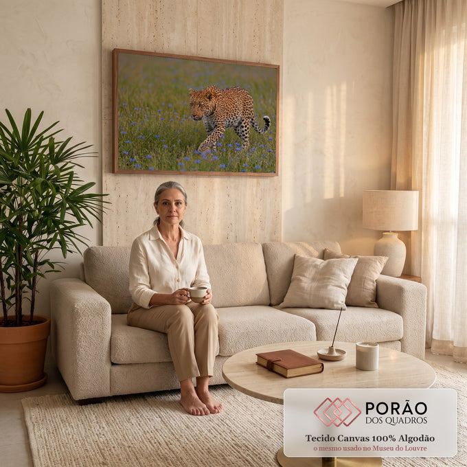Quadro Decorativo Grande Leopardo Felino Selvagem para Sala | quadros decorativos para sala de estar | leopardo caminhando por campo de grama com flores azuis silvestres | em ambiente 3 | Porao dos Quadros