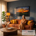 Quadro Decorativo Grande Dente Pôr do Sol para Sala Laranja | quadros decorativos para sala de estar | dente-de-leão em silhueta contra pôr do sol laranja com raios de luz | em ambiente 3 | Porao dos Quadros