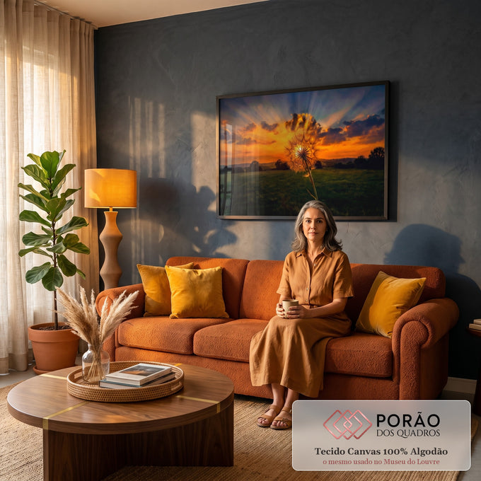 Quadro Decorativo Grande Dente Pôr do Sol para Sala Laranja | quadros decorativos para sala de estar | dente-de-leão em silhueta contra pôr do sol laranja com raios de luz | em ambiente 3 | Porao dos Quadros