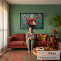 Quadro Decorativo Grande Borboleta Branca para Sala Verde | quadros decorativos para sala de estar | borboleta branca pousada sobre coração vermelho texturizado em fundo verde craquelado | em ambiente 3 | Porao dos Quadros
