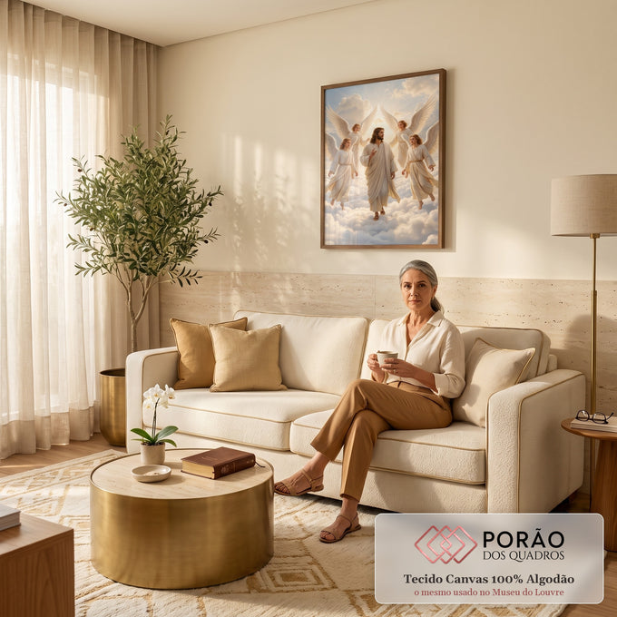 Quadro Decorativo Grande Jesus Cristo para Sala Branco | quadros decorativos para sala de estar | Jesus caminhando sobre nuvens cercado por quatro anjos de asas brancas | em ambiente 3 | Porao dos Quadros