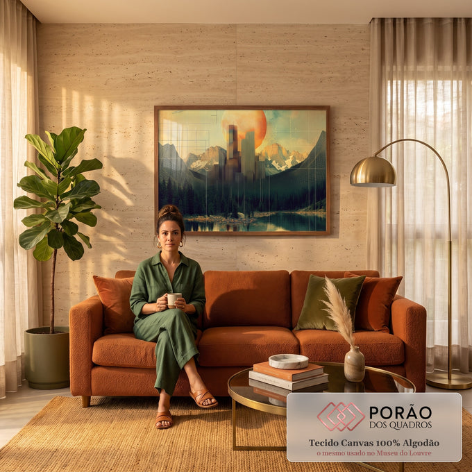 Quadro Decorativo Grande Cidade Futurista para Sala Laranja | quadros decorativos para sala de estar | skyline futurista entre montanhas e lago com planeta laranja gigante ao fundo | em ambiente 3 | Porao dos Quadros