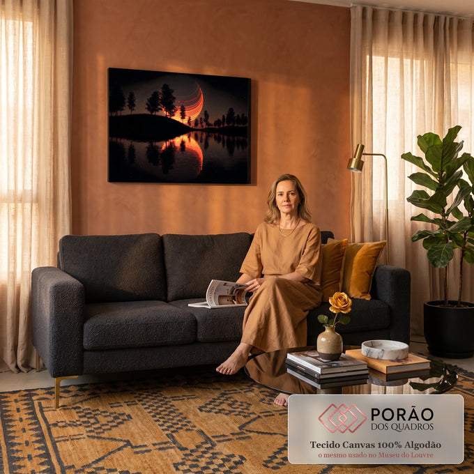 Quadro Decorativo Grande Lua com Rastros de Luz para Sala | quadros decorativos para sala de estar | lua gigante com rastros de luz laranja sobre árvores silhuetadas refletidas no lago | em ambiente 3 | Porao dos Quadros
