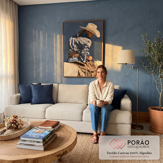Quadro Decorativo Cowgirl de Chapéu com Cavalo Branco | quadros decorativos para sala de estar | cowgirl de chapéu inclinada sobre cavalo branco ajustando as rédeas | em ambiente 3 | Porao dos Quadros