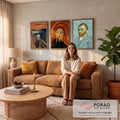 Quadro Decorativo Kit 3 Telas Grito Autorretrato para Sala | quadros decorativos para sala de estar | tríptico com O Grito de Munch e autorretrato de Van Gogh em cores vibrantes | em ambiente 3 | Porao dos Quadros