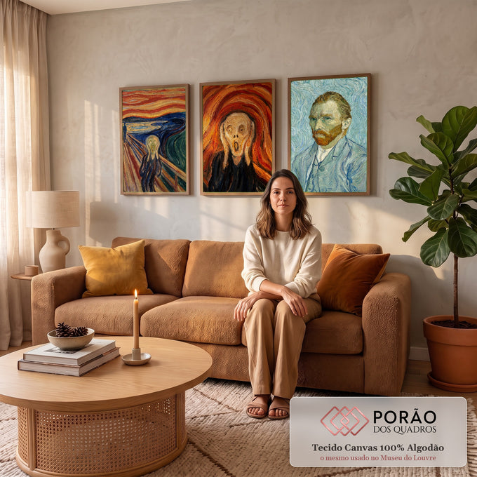 Quadro Decorativo Kit 3 Telas Grito Autorretrato para Sala | quadros decorativos para sala de estar | tríptico com O Grito de Munch e autorretrato de Van Gogh em cores vibrantes | em ambiente 3 | Porao dos Quadros