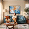 Quadro Decorativo Grande Abstrato Fumaça para Sala Azul | quadros decorativos para sala de estar | fumaça abstrata azul e laranja fluindo sobre fundo branco | em ambiente 3 | Porao dos Quadros