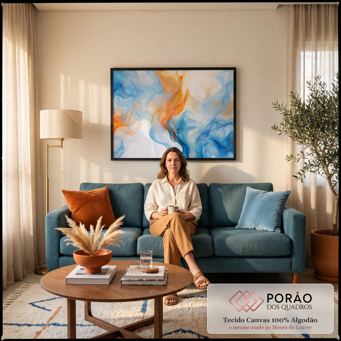 Quadro Decorativo Grande Abstrato Fumaça para Sala Azul | quadros decorativos para sala de estar | fumaça abstrata azul e laranja fluindo sobre fundo branco | em ambiente 3 | Porao dos Quadros
