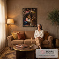 Quadro Decorativo Grande Natividade Sagrada para Sala Marrom | quadros decorativos para sala de estar | natividade barroca com Maria, José, anjos, pastores e cão ao redor do menino Jesus | em ambiente 3 | Porao dos Quadros