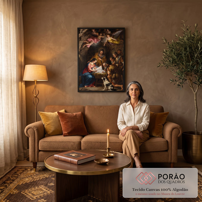 Quadro Decorativo Grande Natividade Sagrada para Sala Marrom | quadros decorativos para sala de estar | natividade barroca com Maria, José, anjos, pastores e cão ao redor do menino Jesus | em ambiente 3 | Porao dos Quadros