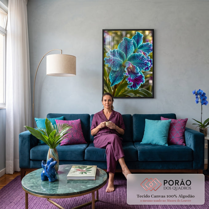 Orquídea turquesa com manchas roxas, pétalas onduladas e gotas de orvalho em jardim, quadro decorativo