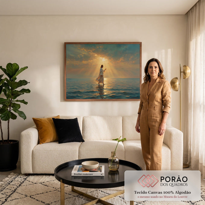 Jesus de manto branco caminhando sobre o mar azul sob raios de sol dourados entre nuvens, quadro decorativo