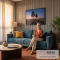 Quadro Decorativo Grande Lua Cheia para Sala Laranja | quadros decorativos para sala de estar | lua cheia dourada entre duas árvores sobre campo de grama ao entardecer | em ambiente 3 | Porao dos Quadros