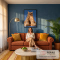 Quadro Decorativo Gato Laranja Sentado em Fundo Azul | quadros decorativos para sala de estar | gato laranja tigrado sentado em ângulo baixo com fundo azul | em Quadros para Escritorio | Porao dos Quadros