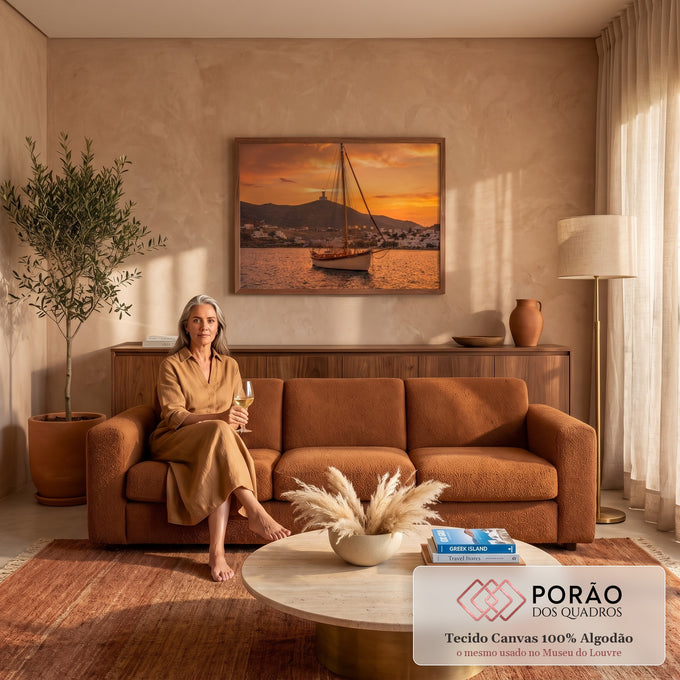 Quadro Decorativo Grande Veleiro Grego para Sala Laranja | quadros decorativos para sala de estar | veleiro de madeira ancorado em baía grega ao pôr do sol com farol ao fundo | em ambiente 3 | Porao dos Quadros