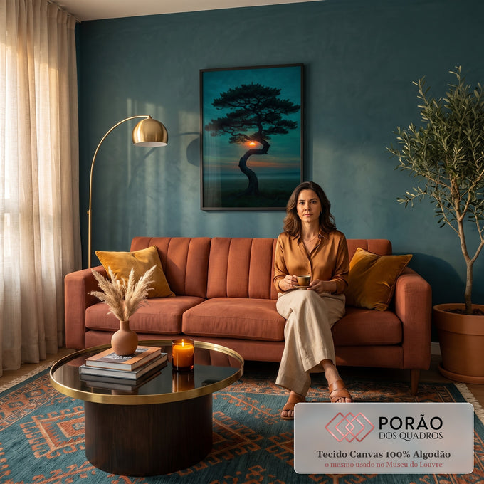 Quadro Decorativo Grande Árvore Retorcida Azul para Sala | quadros decorativos | árvore de tronco sinuoso em silhueta com sol laranja entre os galhos ao entardecer | em Quadros para Escritorio | Porao dos Quadros