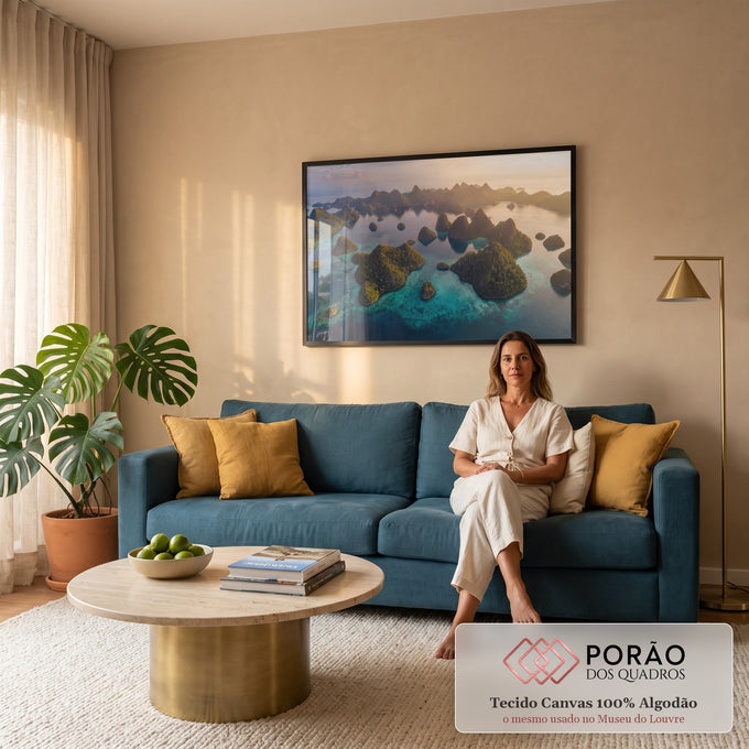 Quadro Decorativo Grande Arquipélago Tropical para Sala Azul | quadros decorativos para sala de estar | vista aérea de ilhas verdes cercadas por mar turquesa ao entardecer | em ambiente 3 | Porao dos Quadros