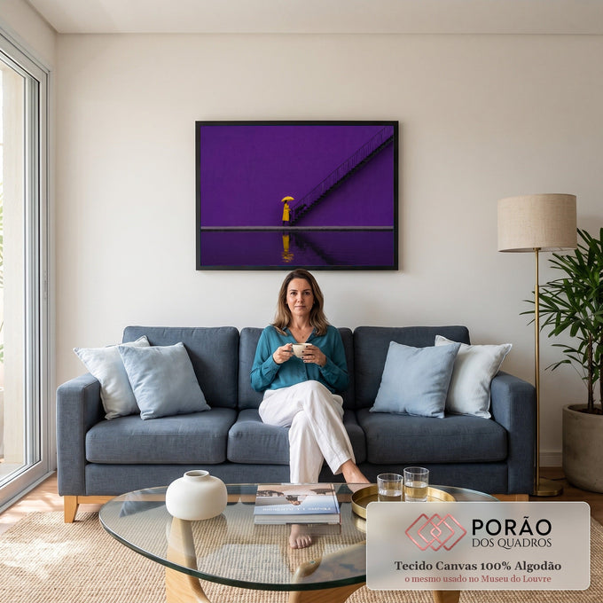 Quadro Decorativo Grande Mulher de Amarelo para Sala Roxo | quadros decorativos para sala de estar | mulher de capa e guarda-chuva amarelos com cão preto ao lado de escada sobre fundo roxo | em ambiente 3 | Porao dos Quadros
