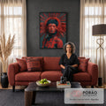 Quadro Decorativo Mulher Tribal com Pintura Vermelha e Penas | quadros decorativos para sala de estar | mulher com pintura corporal vermelha e traços tribais pretos, coroa de penas vermelhas | em ambiente 3 | Porao dos Quadros