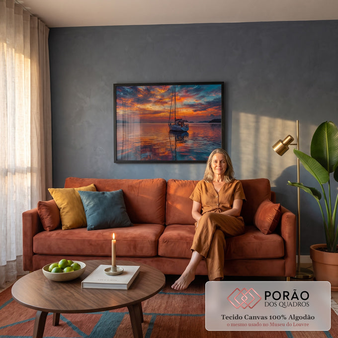 Quadro Decorativo Grande Veleiro ao Pôr do Sol para Sala | quadros decorativos para sala de estar | veleiro branco ancorado sob céu de pôr do sol em laranja e azul | em ambiente 3 | Porao dos Quadros