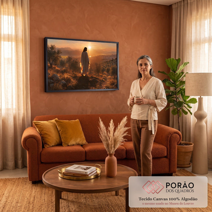 Jesus de manto branco numa colina com oliveiras e cidade ao fundo sob o pôr do sol, quadro decorativo