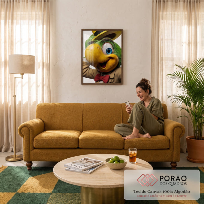 Papagaio verde de bico amarelo com chapéu, paletó bege e gravata vermelha em arte 3D, quadro decorativo