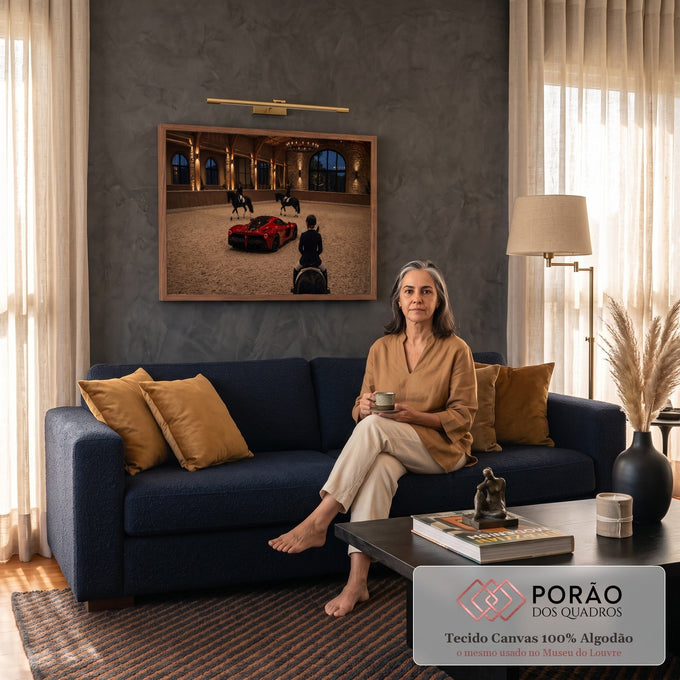Carro esportivo vermelho em picadeiro com cavaleiros em cavalos negros à noite, quadro decorativo