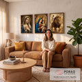 Quadro Decorativo Kit 3 Telas Nossa Senhora Jesus para Sala | quadros decorativos para sala de estar | Nossa Senhora com Menino Jesus, anjos e Jesus junto a um leão coroado | em ambiente 3 | Porao dos Quadros