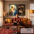Quadro Decorativo Kit 2 Telas Sagrada Família para Sala Azul | quadros decorativos para sala de estar | díptico com Sagrada Família estilizada e cena clássica da Natividade com pastores e anjos | em ambiente 3 | Porao dos Quadros