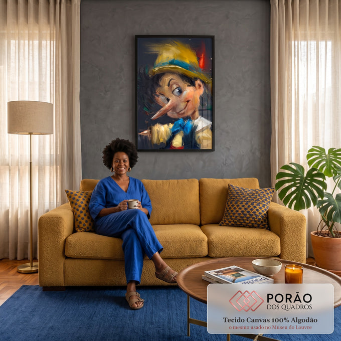 Pinóquio piscando com chapéu amarelo e gravata azul em pinceladas sobre fundo escuro, quadro decorativo