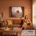 Quadro Decorativo Grande Balões de Ar Capadócia para Sala | quadros decorativos para sala de estar | balões de ar quente sobre vale rochoso visto através de abertura em caverna ao amanhecer | em ambiente 3 | Porao dos Quadros