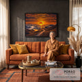 Quadro Decorativo Grande Pôr do Sol Paisagem para Sala | quadros decorativos para sala de estar | pôr do sol alaranjado sobre montanhas enevoadas com estrada sinuosa e pássaros em voo | em ambiente 3 | Porao dos Quadros
