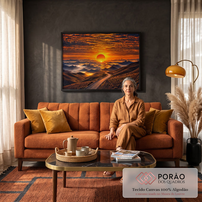 Quadro Decorativo Grande Pôr do Sol Paisagem para Sala | quadros decorativos para sala de estar | pôr do sol alaranjado sobre montanhas enevoadas com estrada sinuosa e pássaros em voo | em ambiente 3 | Porao dos Quadros