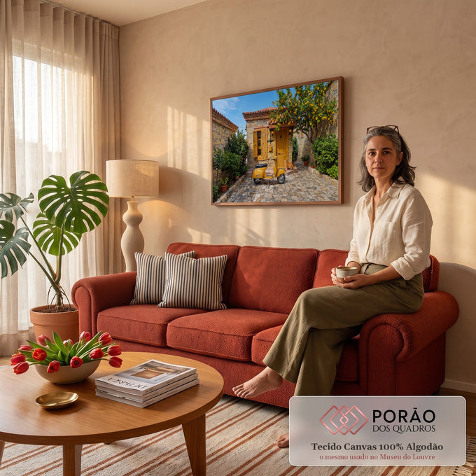 Quadro Decorativo Grande Casa Mediterrânea para Sala Amarelo | quadros decorativos para sala de estar | casa de pedra com porta amarela, scooter vintage e limoeiro carregado de frutas | em ambiente 3 | Porao dos Quadros