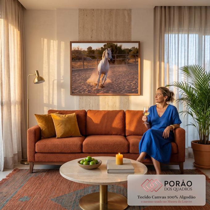 Cavalo branco galopando em picadeiro de areia com poeira dourada ao pôr do sol, quadro decorativo